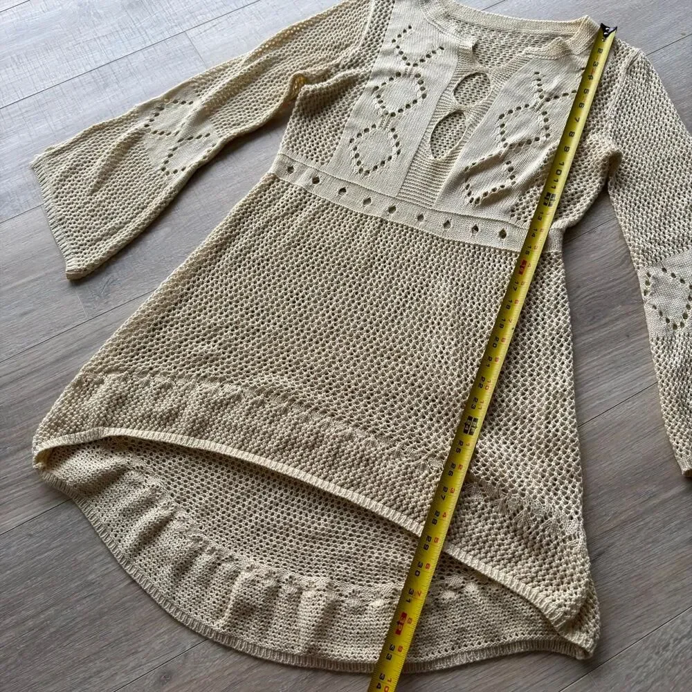 Women's Tan Crochet Cover-up Dress Large Bell Sleeves Cutouts Fairy Boho Beachy